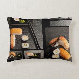 Sushi collection on black background decorative pillow
