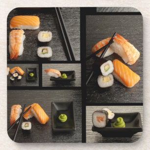 Sushi collection on black background drink coaster