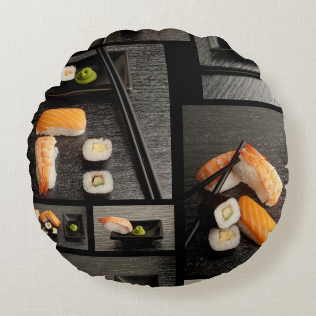 Sushi collection on black background round pillow (Front)