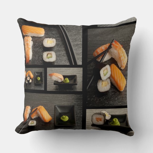 Sushi collection on black background throw pillow (Front)