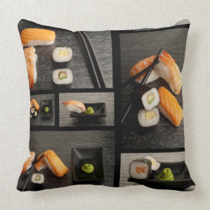 Sushi collection on black background throw pillow