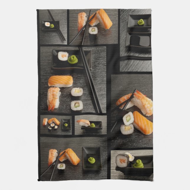 Sushi collection on black background towel (Vertical)