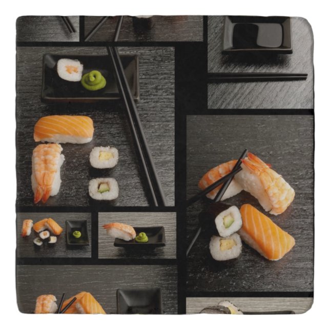Sushi collection on black background trivet (Front)