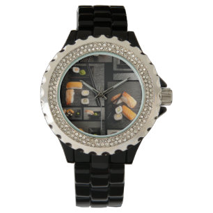 Sushi collection on black background watch