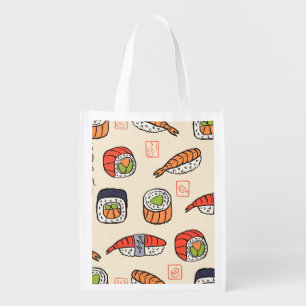 Sushi food, seamless pattern design. grocery bag