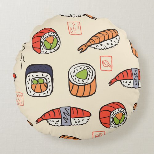Sushi food seamless pattern design round pillow