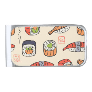 Sushi food, seamless pattern design. silver finish money clip