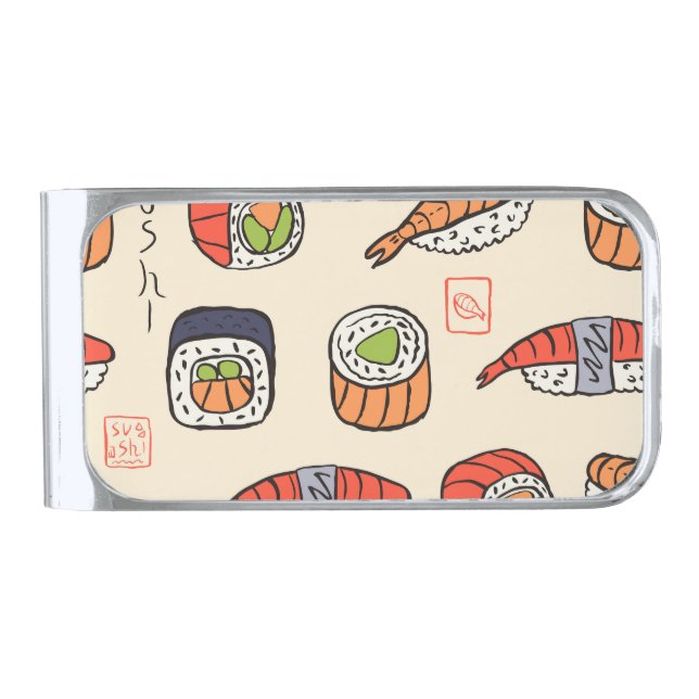 Sushi food, seamless pattern design. silver finish money clip (Front)