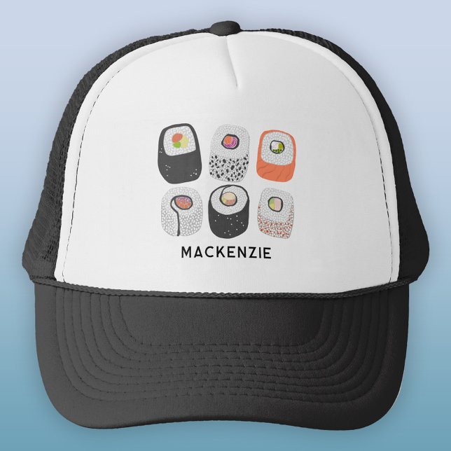 Sushi Fun Japanese Food Art Personalized Trucker Hat (Sushi Nigiri Maki roll Japanese food art personalized custom name trucker hat)