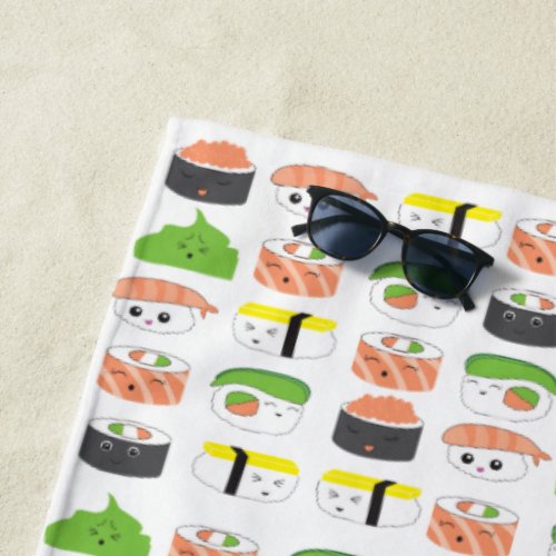 Sushi Illustration Kawaii style cute and funny Beach Towel