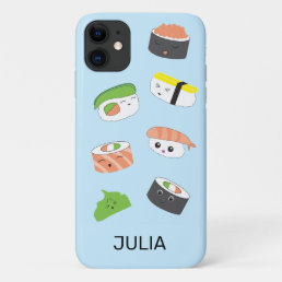 Sushi Joy: Blue Kawaii-Style Illustrated Phone Cas iPhone 11 Case