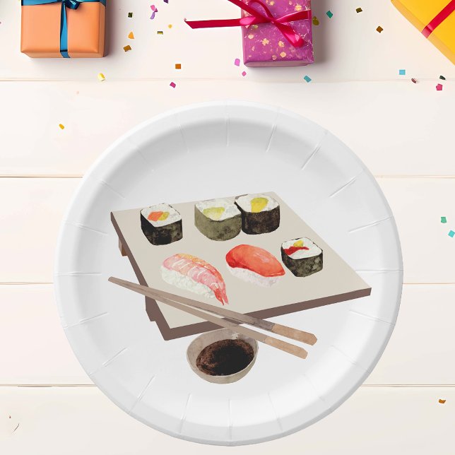 Sushi Lover Watercolor Party Meal Paper Plates (Creator Uploaded)