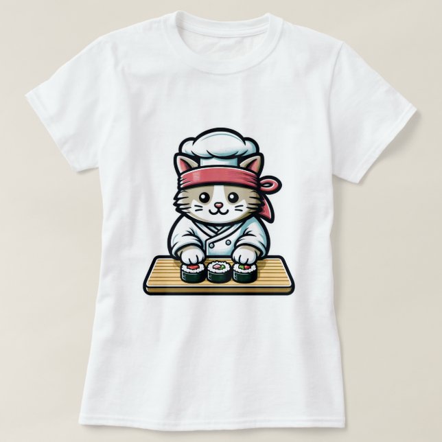 Sushi-Making Cat: Humorous Chef Art T-Shirt (Design Front)