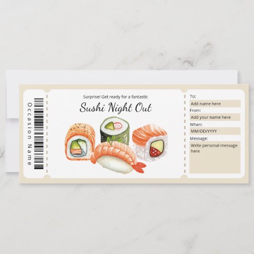 Sushi Night Out Gift Certificate For Sushi Lover Invitation