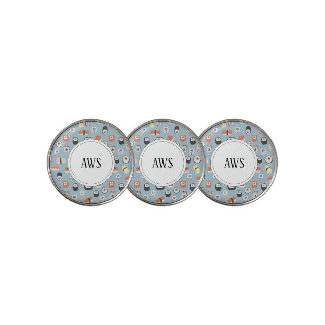 Sushi Nigiri Maki Roll Japanese Monogram Golf Ball Marker (3 Up)