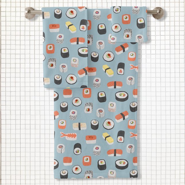 Sushi Nigiri Maki Roll Pattern Bath Towel Set (Japanese sushi fun food art towel set)