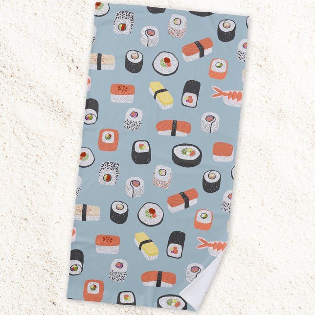 Sushi Nigiri Maki Roll Pattern Beach Towel (Japanese sushi nigiri maki roll pattern fun food themed beach towel)