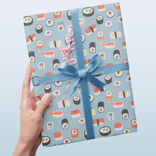 Sushi Nigiri Maki Roll Pattern Blue Wrapping Paper