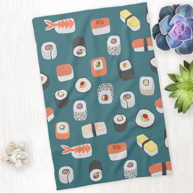 Sushi Nigiri Maki Roll Pattern Kitchen Towel (Fun Japanese sushi food art kitchen tea towel)