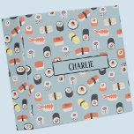 Sushi Nigiri Sashimi Maki Roll Custom Name 3 Ring Binder<br><div class="desc">A pattern of fun Japanese sushi on a blue background.
Personalize by changing the name on the front.</div>
