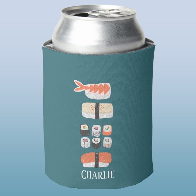 Sushi Nigiri Sashimi Maki Roll Custom Name Can Cooler (Sushi personalized name can cooler)