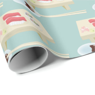 Sushi on a Board Pattern Light Blue Wrapping Paper