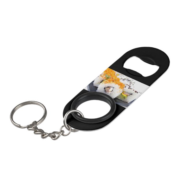 Sushi on a plate keychain bottle opener (Front Angled)