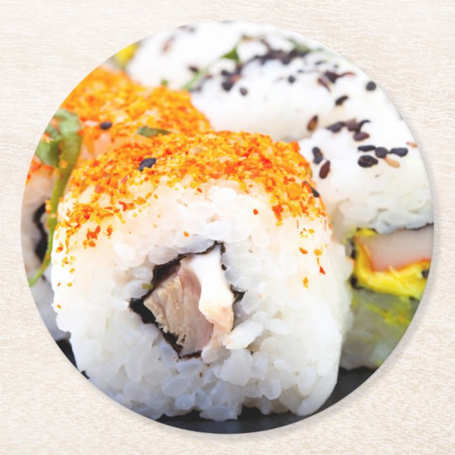 Sushi on a plate round paper coaster (Front)