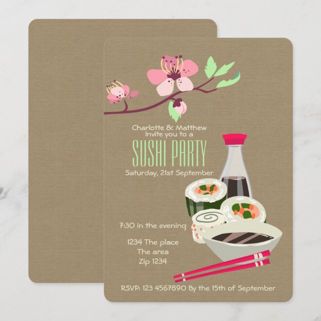 Sushi Party Easy To Personalize Japanese Themed Invitation (Front/Back)