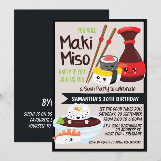 Sushi Party Kawaii Invitation (Front/Back)