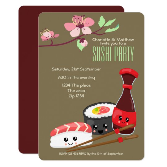 sushi party kawaii personalize japanese themed invitation