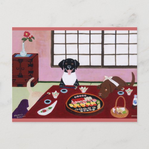 Sushi Party Labradors Postcard