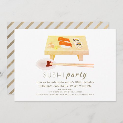 Sushi Party Modern White Birthday Invitation