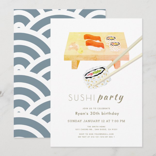 Sushi Party Modern White & Blue Birthday Invitation (Front/Back)