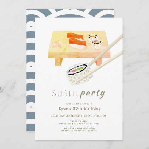Sushi Party Modern White  Blue Birthday Invitation