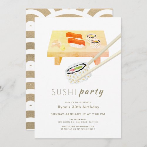 Sushi Party Modern White  Gold Birthday Invitation