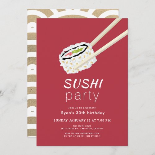 Sushi Party Simple Burgundy  Gold Birthday Invitation