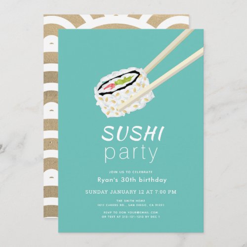 Sushi Party Simple Turquoise  Gold Birthday Invitation