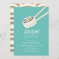 Sushi Party Simple Turquoise & Gold Birthday