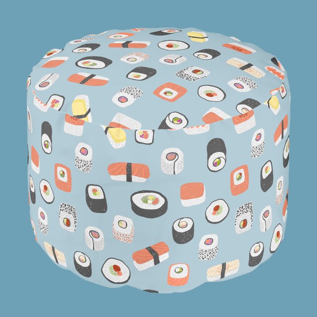 Sushi Pattern Blue Pouf (Fun Japanese Sushi food art pouf)