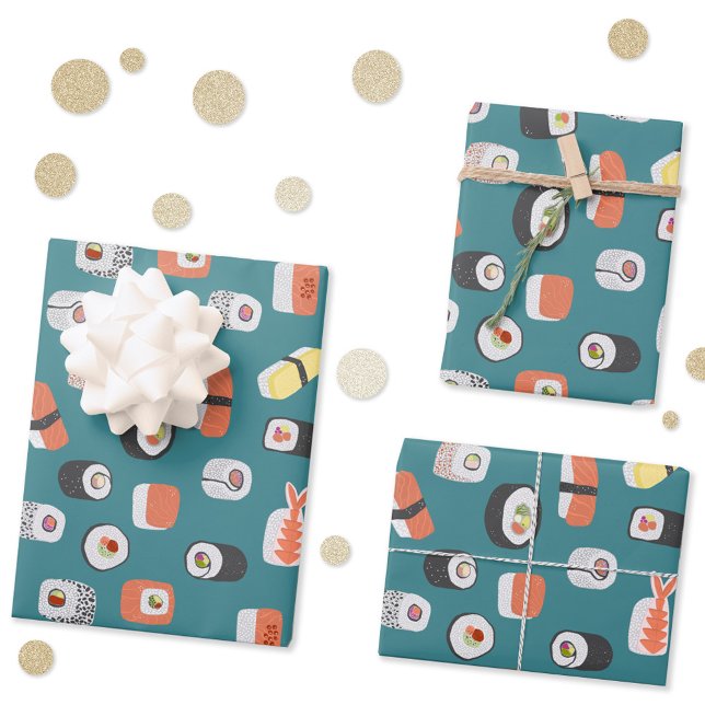 Sushi Pattern Teal Green Wrapping Paper Sheets (Japanese sushi pattern gift wrap paper sheets)