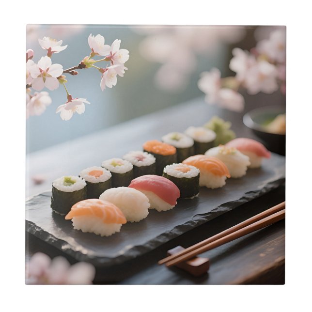 Sushi Platter Cherry Blossom Ceramic Tile (Front)