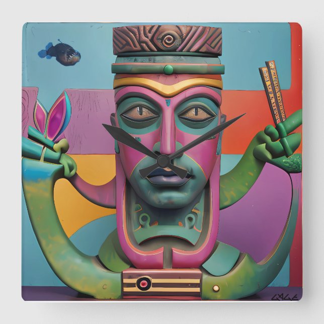 Sushi Radio Tiki Man Square Wall Clock (Front)