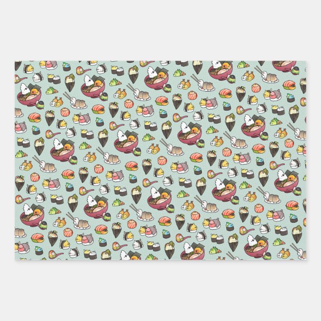 Sushi & Ramen Birds Wrapping Paper Sheets (Front)