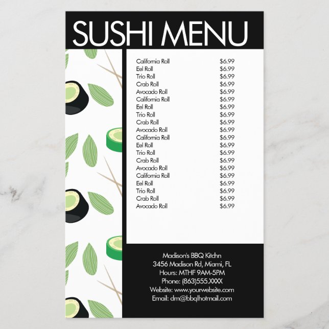 Sushi Roll Asian Restaurant Pattern Menu Flyer (Front)