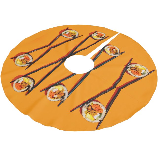 Sushi Roll Christmas Tree Skirt with Chopsticks (Angled)