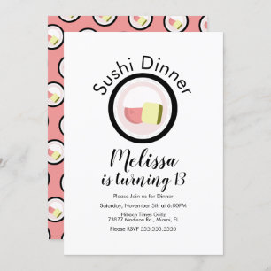Sushi Roll Salmon Teen Birthday Restaurant Invitation