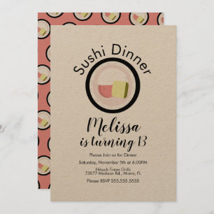 Sushi Roll Salmon Teen Birthday Restaurant Kraft Invitation