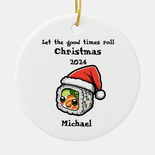 Sushi Roll with a Santa Cap Personalized Ornament (Front)