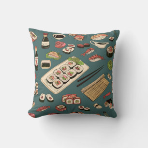 Sushi Rolls: Colored Seamless Vintage. Throw Pillow